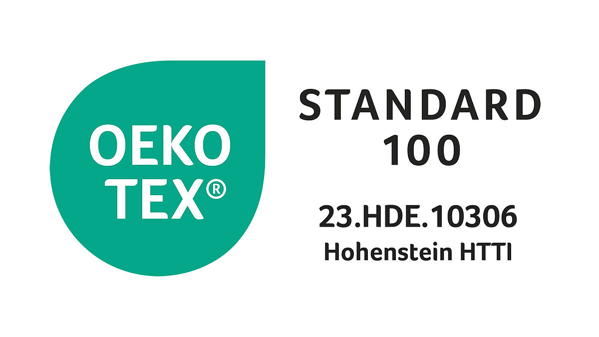 OEKO-TEX Standard 100-Logo, das die geprüfte Textilsicherheit von Chenille-Stickgarn bescheinigt.