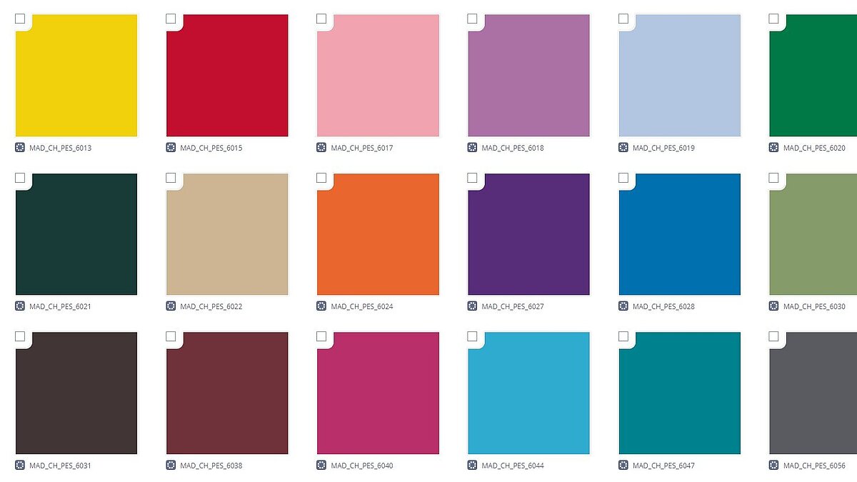 Übersicht über die Chenille-Garn-Farbkollektion, dargestellt als RGB-Farbmuster mit Artikelnamen auf der DMIx-Plattform.